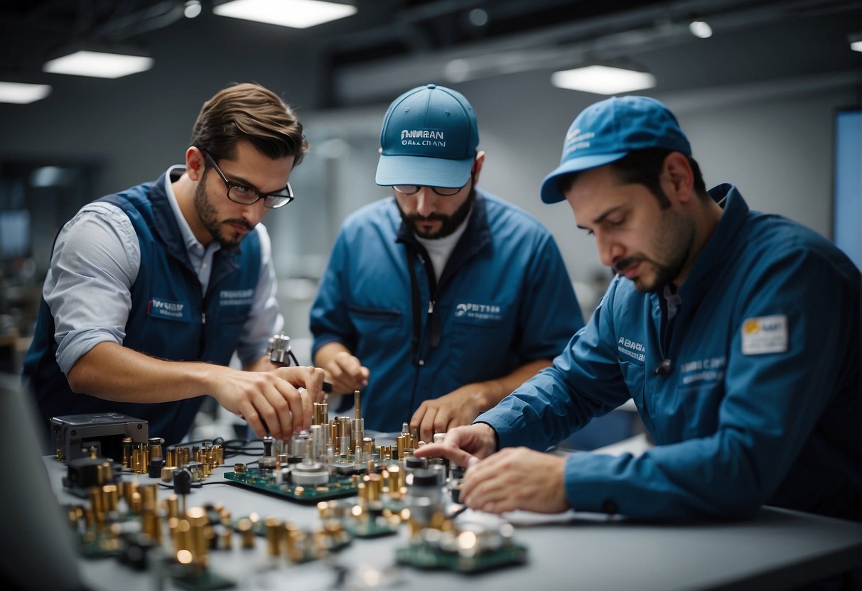 A group of engineers from different countries work together on small rocket components, symbolizing global collaboration in the CubeSat industry