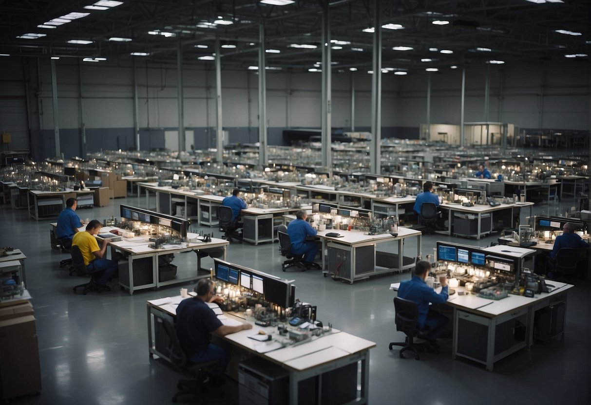 A bustling warehouse, filled with shelves of tiny satellite components. Workers assemble CubeSats while engineers discuss plans at a large table. A sense of excitement and innovation fills the air