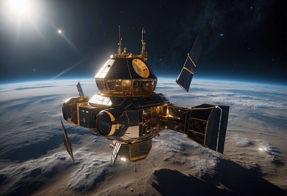 An array of advanced lunar exploration technology surrounds the bustling Lunar Gateway, with private company spacecraft delivering supplies and equipment