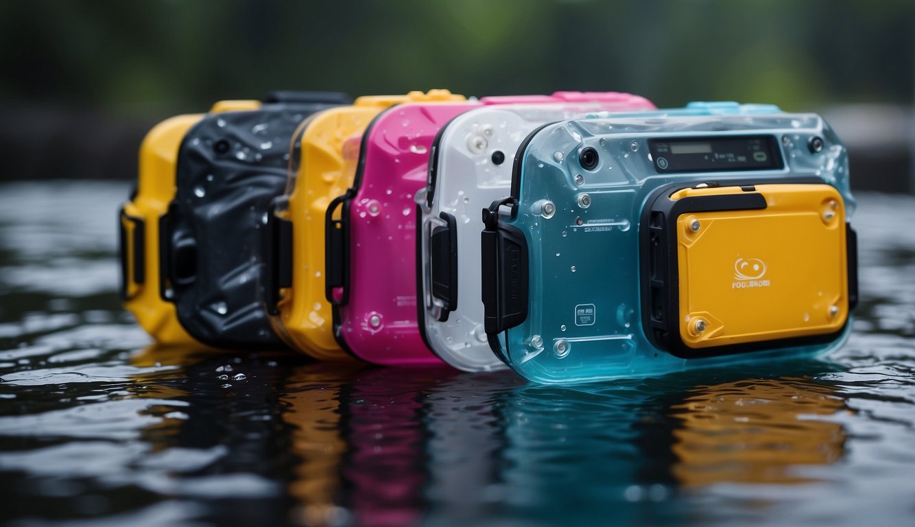 Electronics in various waterproof cases and bags, surrounded by water droplets