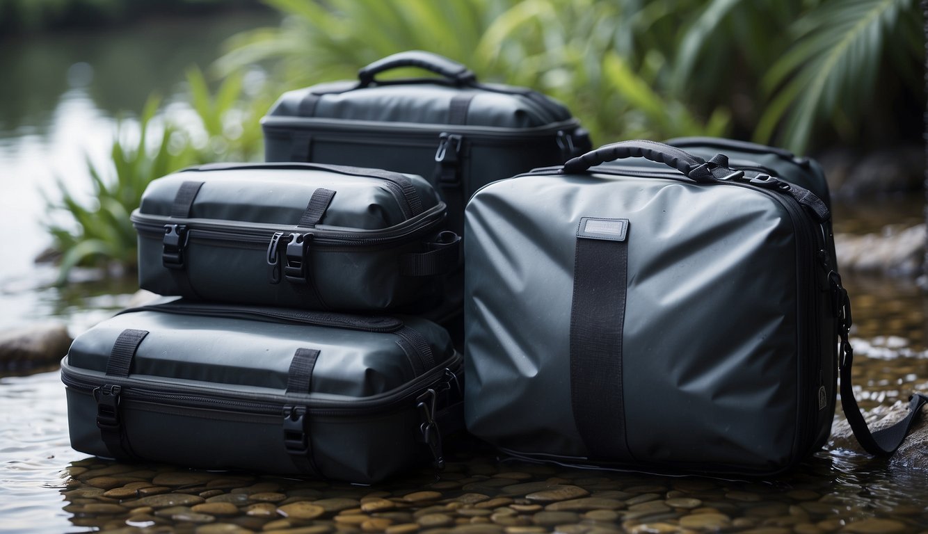 Electronics stored in waterproof bags and cases, surrounded by water droplets and a protective seal