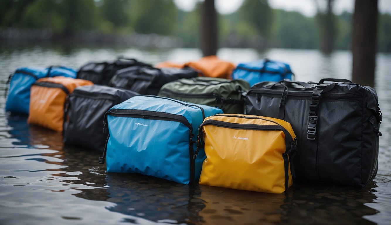 Electronic devices safely stored in waterproof bags and cases, surrounded by water droplets