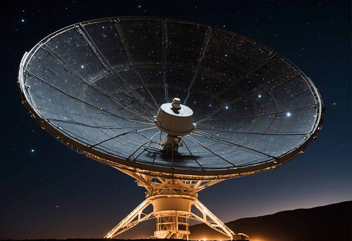 Deep Space Communications - A large satellite dish points towards the stars, surrounded by a network of smaller antennas. The night sky is filled with twinkling stars and distant galaxies, creating a sense of deep space communication