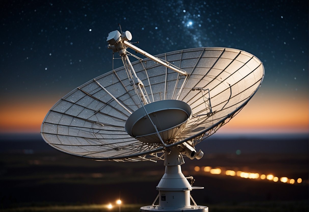 A satellite dish points towards the stars, transmitting signals to and from Earth, connecting the planet with the vastness of space