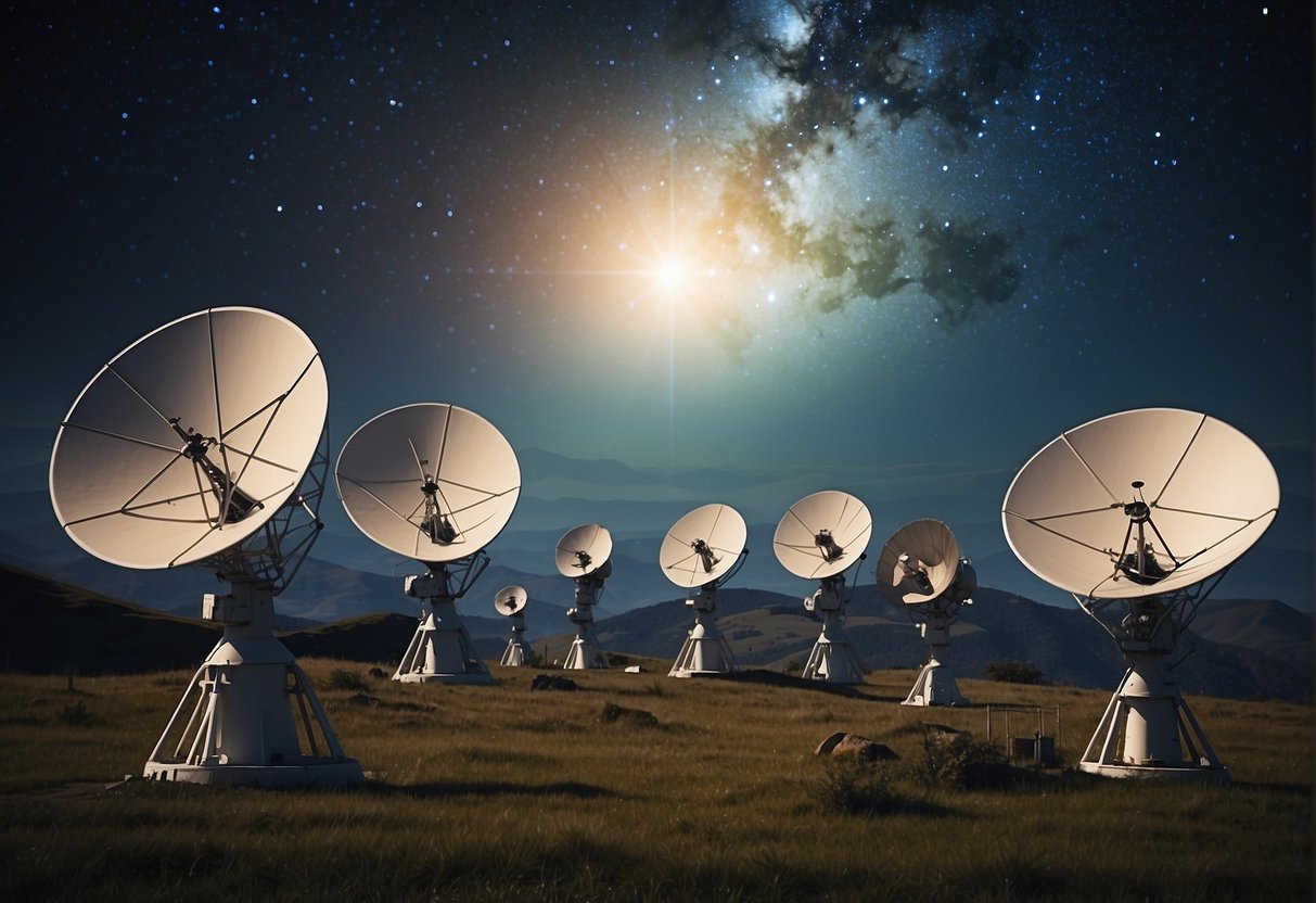 A network of satellite dishes point towards the stars, transmitting signals to and from Earth and deep space