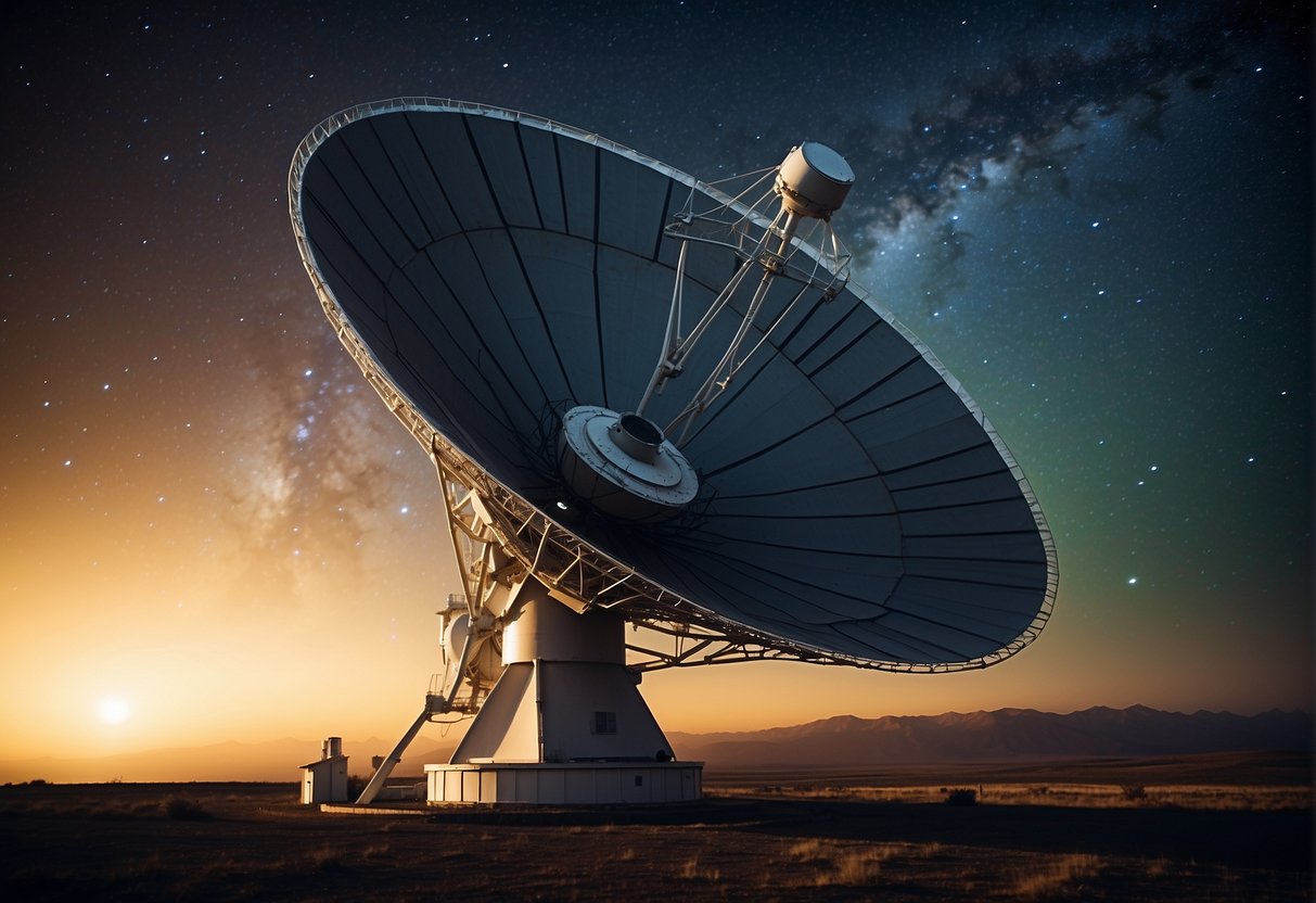 A large satellite dish points towards the starry sky, surrounded by futuristic communication equipment and glowing screens. A beam of light extends from the dish into the depths of space