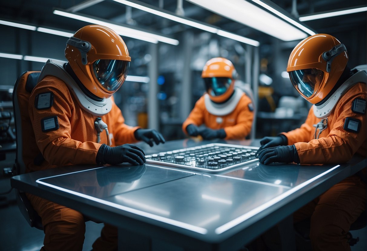 A team of engineers and designers meticulously craft sleek, high-tech space suits in a state-of-the-art manufacturing facility, with a backdrop of futuristic Mars landscapes and spacecraft