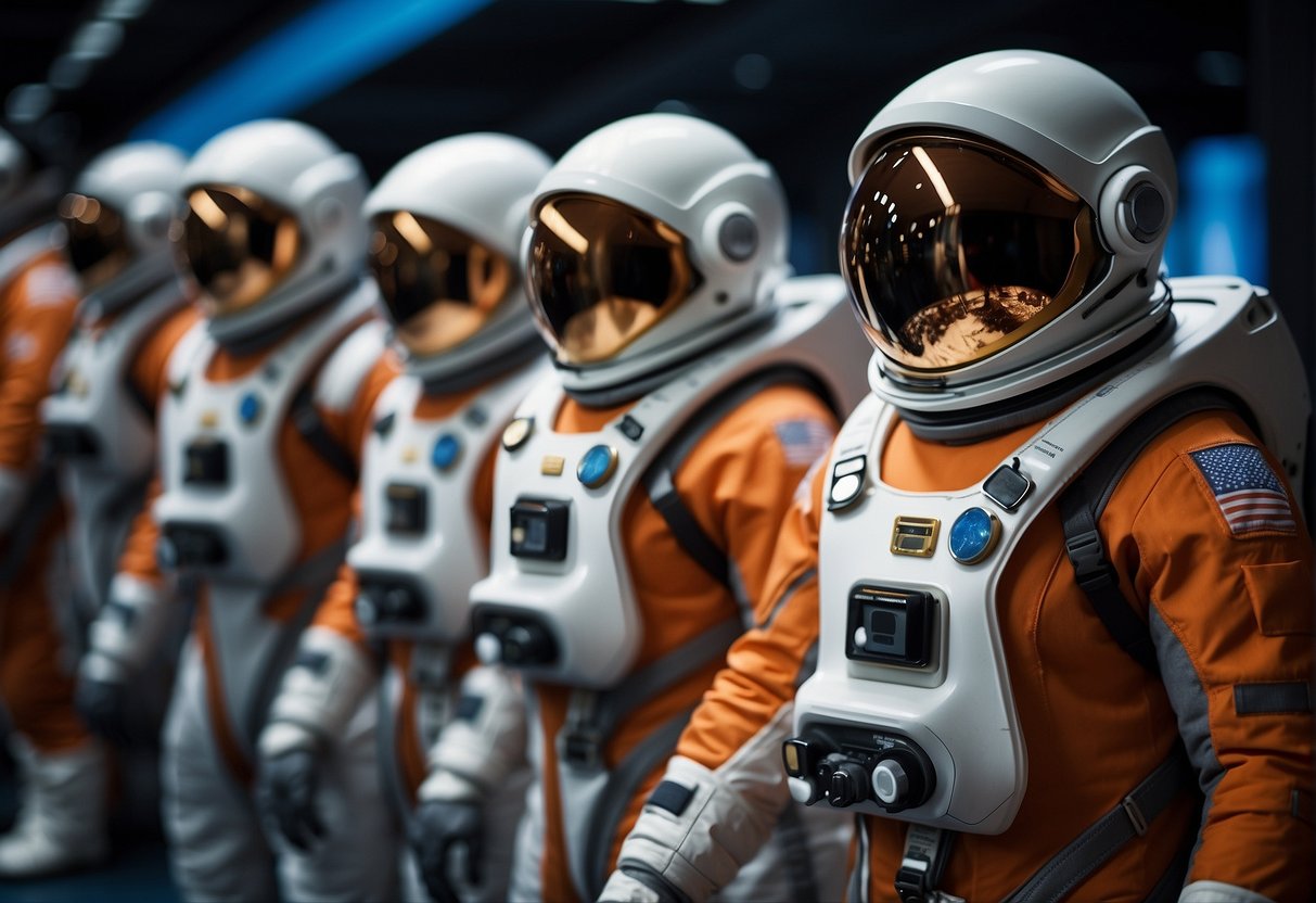 A group of advanced spacesuits designed for Mars exploration, featuring durable materials and advanced life support systems