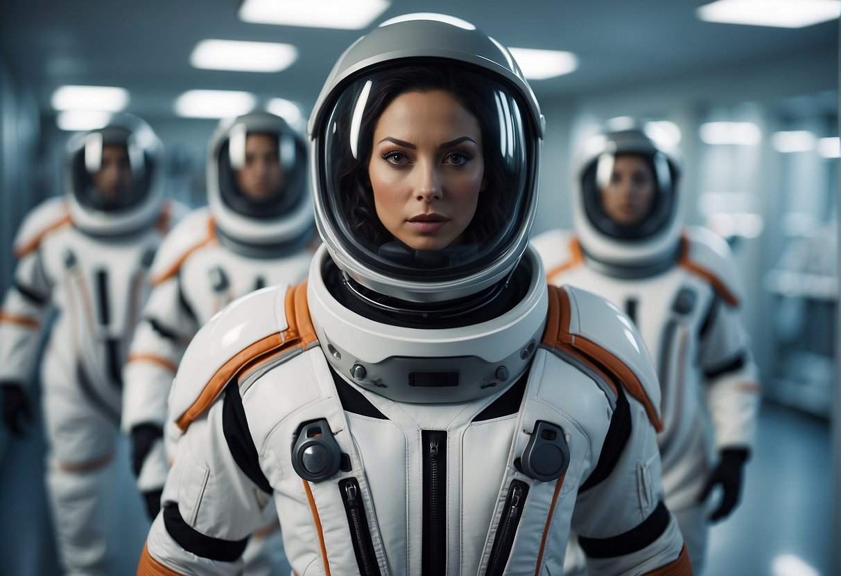 A group of sleek, futuristic space suits hang in a sterile, high-tech laboratory. The suits are made of advanced materials and feature integrated life support systems, designed for the harsh environment of Mars