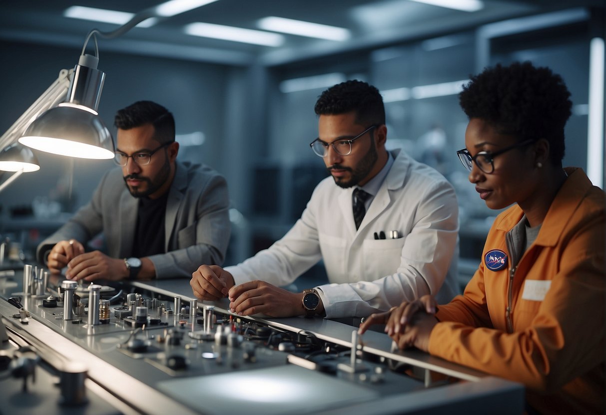 A group of diverse engineers collaborate on designing space suits in a futuristic laboratory, incorporating inclusive features for the next generation of Mars exploration