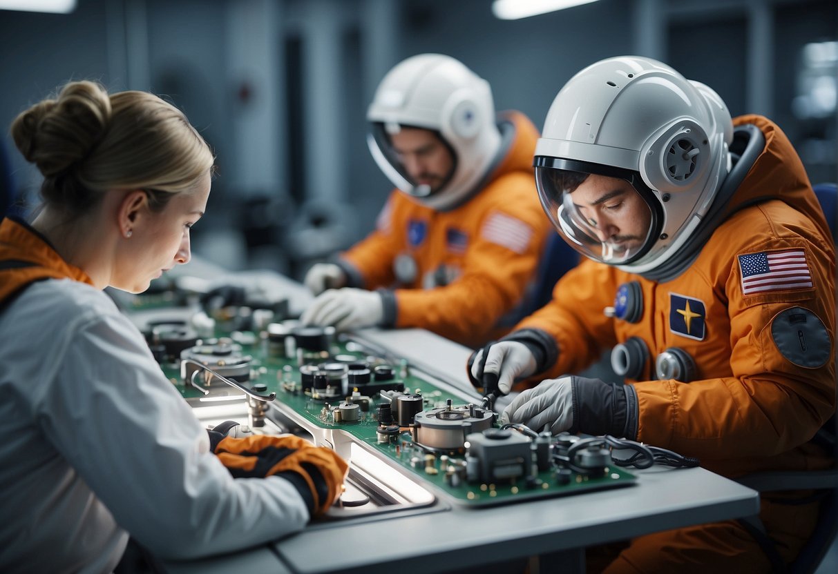 A team of engineers assembles and repairs advanced spacesuits in a high-tech facility, preparing for future missions to Mars