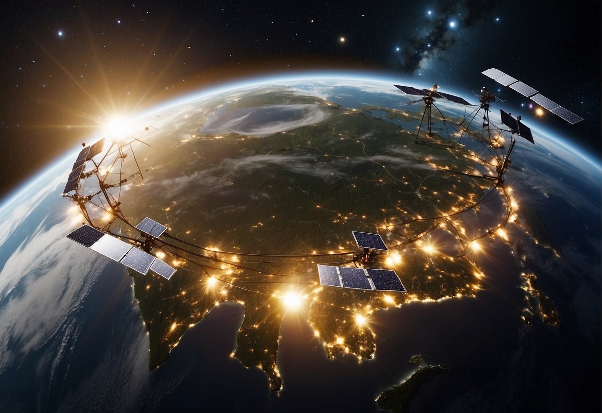 A network of satellites orbiting Earth, powered by solar panels, beams down energy to stations below