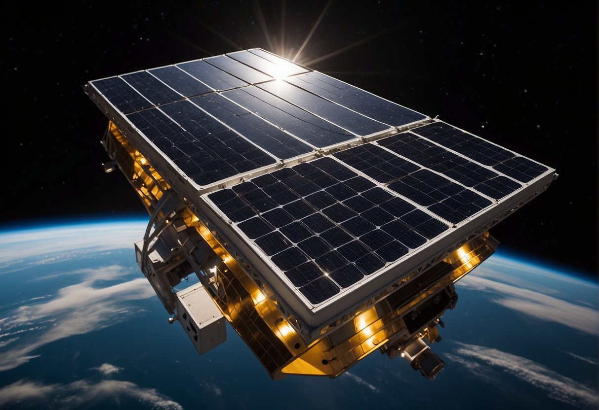 A solar panel array floats in the darkness of space, providing power to satellites and space stations. The panels glisten in the sunlight, harnessing energy from the sun to fuel exploration and communication