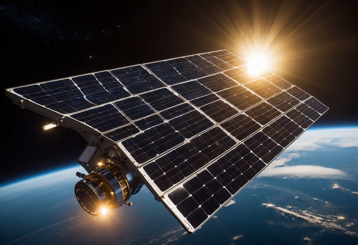 Solar panels glisten on orbiting satellites and space stations, powering them with clean energy. The glow of these panels illuminates the darkness of space, showcasing the economic and industrial impact of solar power in space