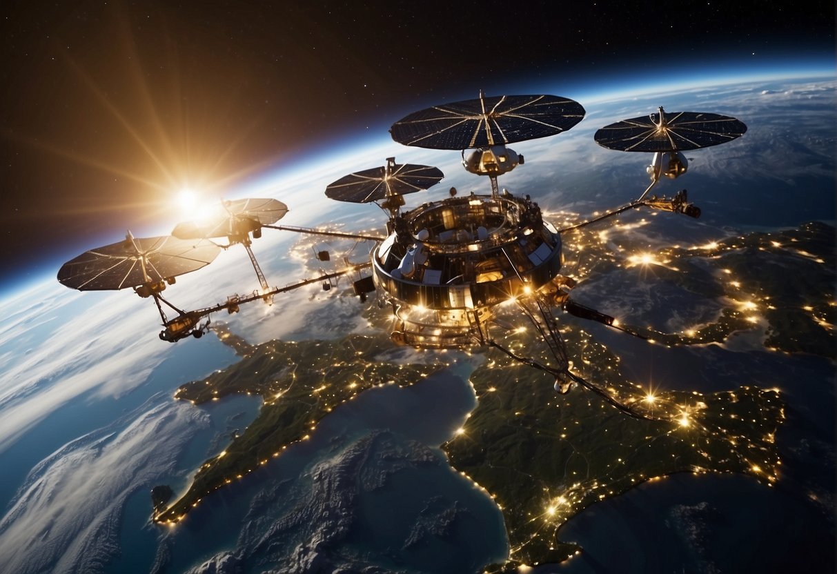 A network of satellites orbiting Earth, harnessing solar power to illuminate space stations and provide energy for various space-based operations