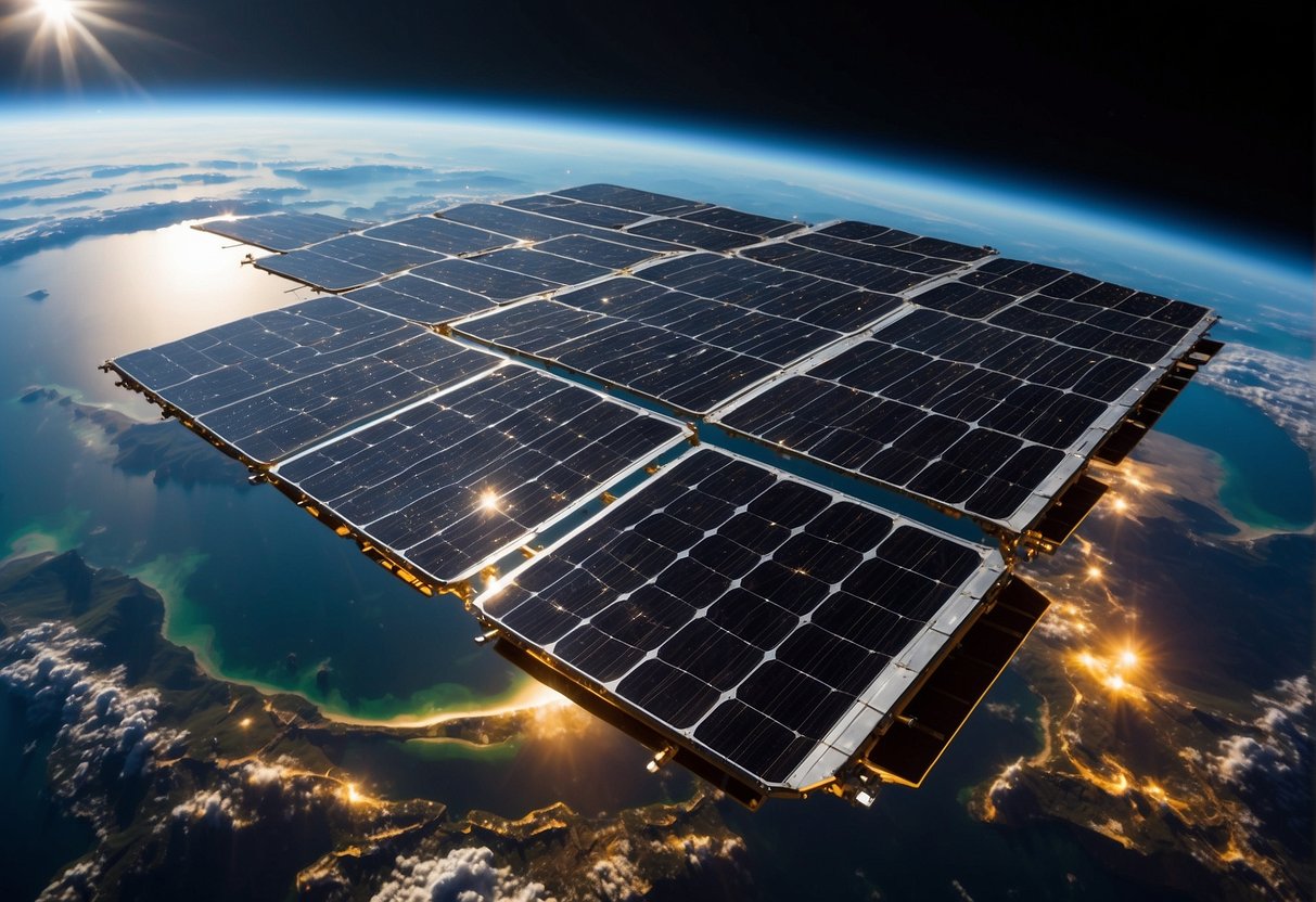 Solar panels glisten on sleek satellites and space stations, capturing the sun's energy. Companies' logos adorn the panels, showcasing their cutting-edge technology