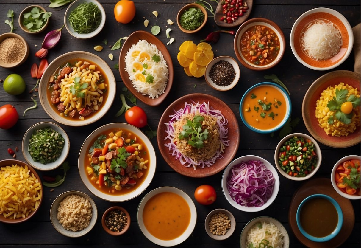 A table filled with colorful plates of 505 southwestern dishes, surrounded by vibrant ingredients and spices
