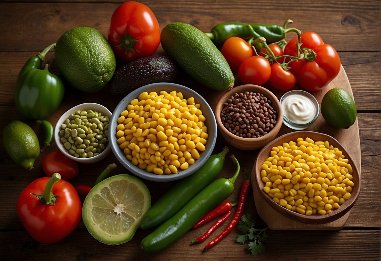 A colorful array of essential southwestern ingredients: chili peppers, corn, beans, tomatoes, avocado, cilantro, and spices on a rustic wooden table