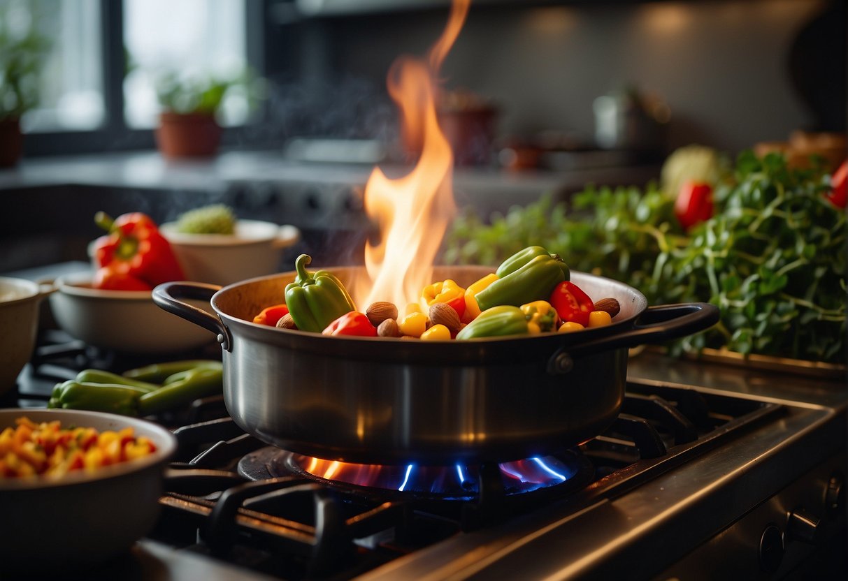 A chef grills cactus and peppers over an open flame, while a pot of beans simmers on the stove. A colorful array of spices and herbs line the kitchen counter