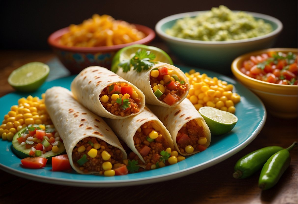 A table set with colorful plates of enchiladas, tacos, and tamales. A bowl of fresh salsa and guacamole sit in the center. Brightly colored chili peppers and corn decorate the background