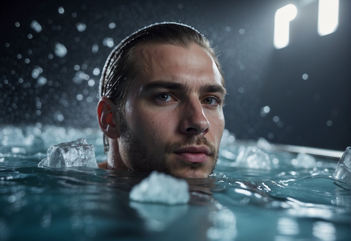 An athlete submerged in an ice bath, surrounded by floating ice cubes, with a look of relief on their face