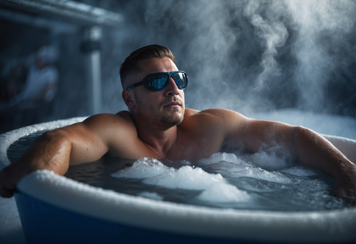 An athlete sits in an ice bath, surrounded by steam, with a relaxed expression, indicating the therapeutic benefits of the cold treatment