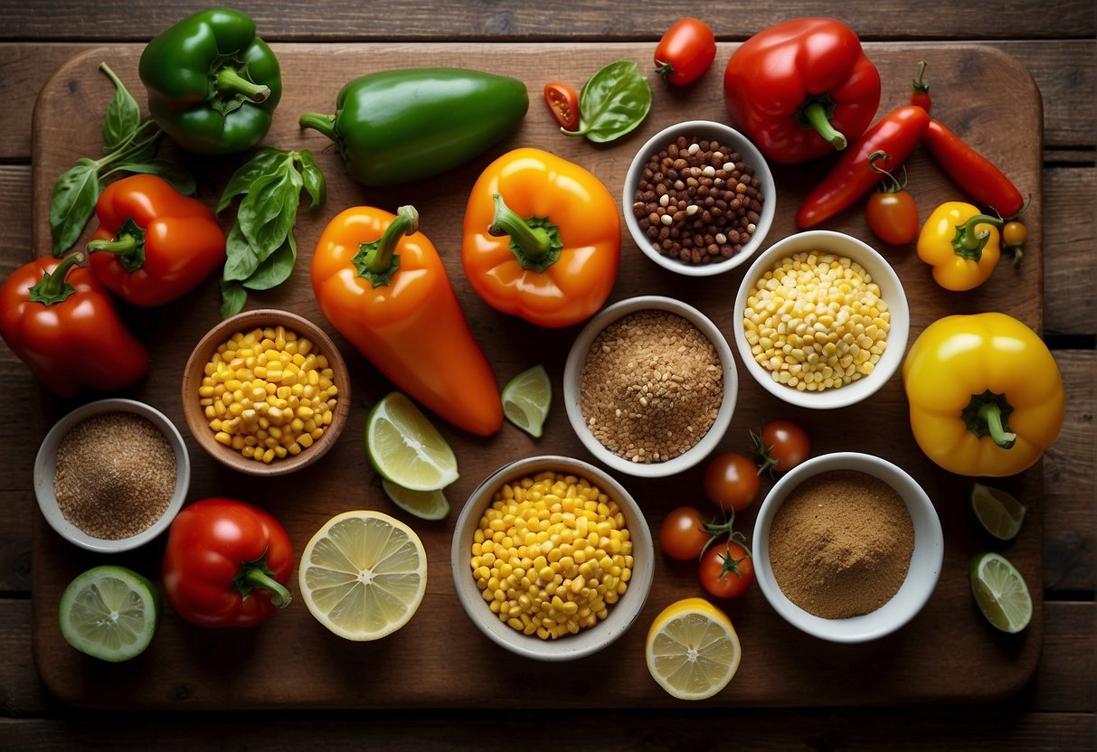A colorful array of fresh ingredients arranged on a rustic wooden table, including peppers, tomatoes, corn, and various spices