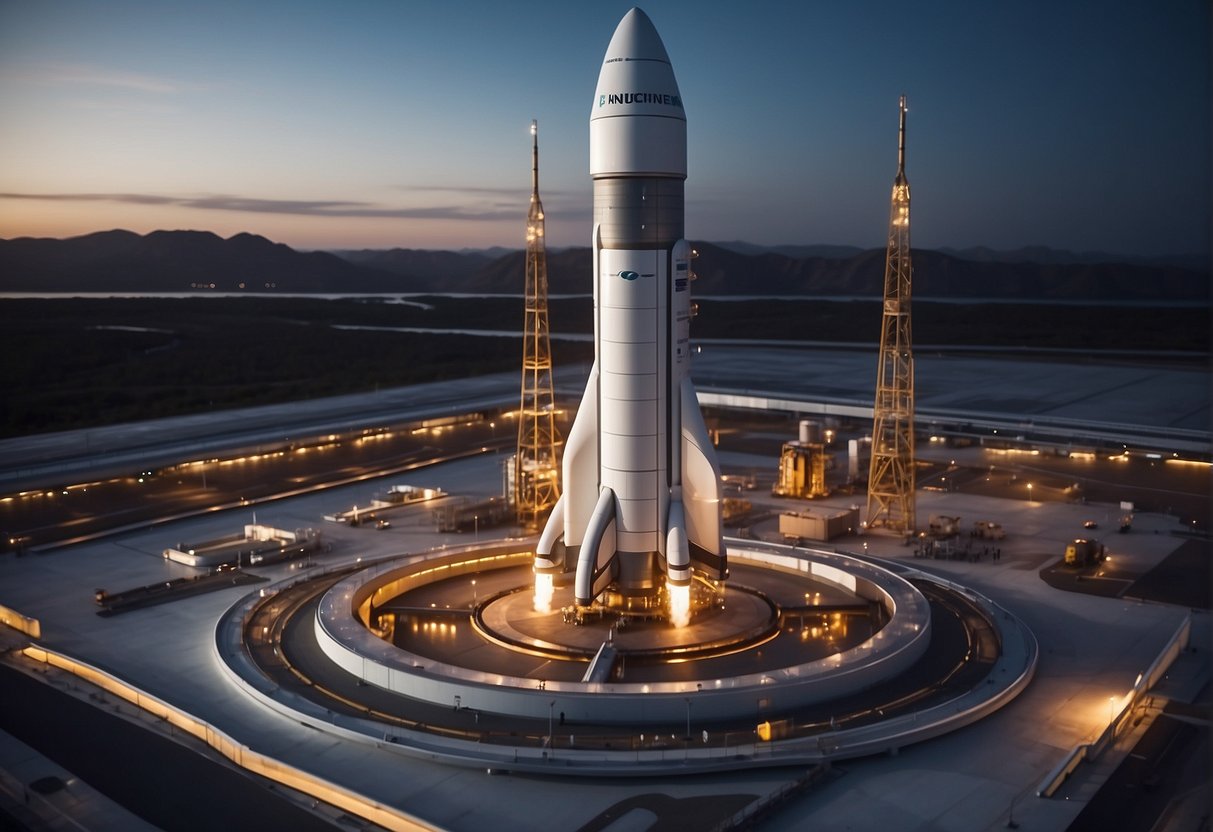 Launchpad Technology Pioneers - A rocket sits on a sleek, futuristic launchpad, surrounded by high-tech infrastructure. Engineers work on the complex systems, while the spaceport hums with activity