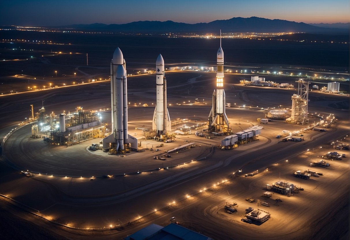 The spaceport launchpad is bustling with activity as engineering firms work on advanced technology to support spaceport infrastructure. Heavy machinery and cutting-edge equipment are being utilized to overcome the challenges of launching spacecraft into space