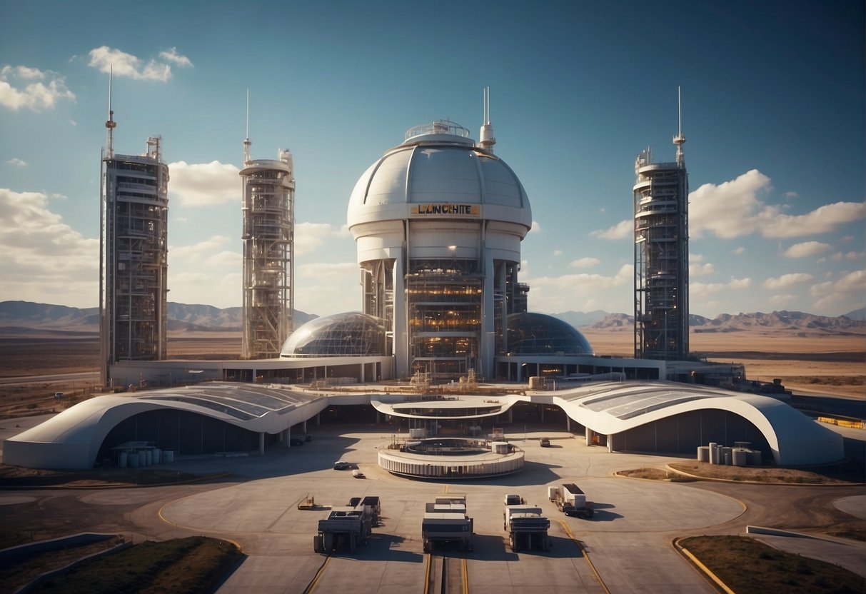 A spaceport with launchpads, surrounded by engineering firms' infrastructure