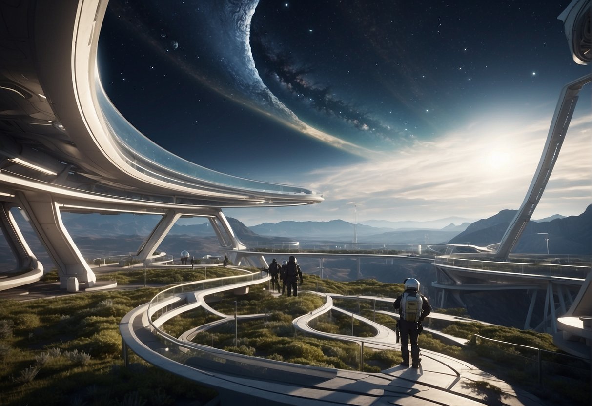 The scene shows futuristic space habitats under construction, surrounded by the vastness of space and the challenges and risks of life off-Earth