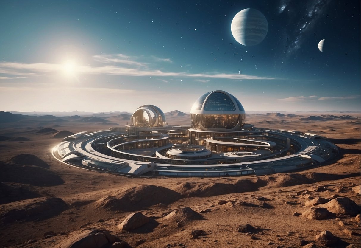 In a vast, starry expanse, futuristic space habitat builders construct and design structures for life beyond Earth