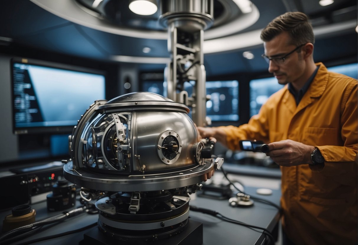 A gyroscope supplier carefully calibrates and installs their equipment within a spacecraft, ensuring precise navigation for space exploration