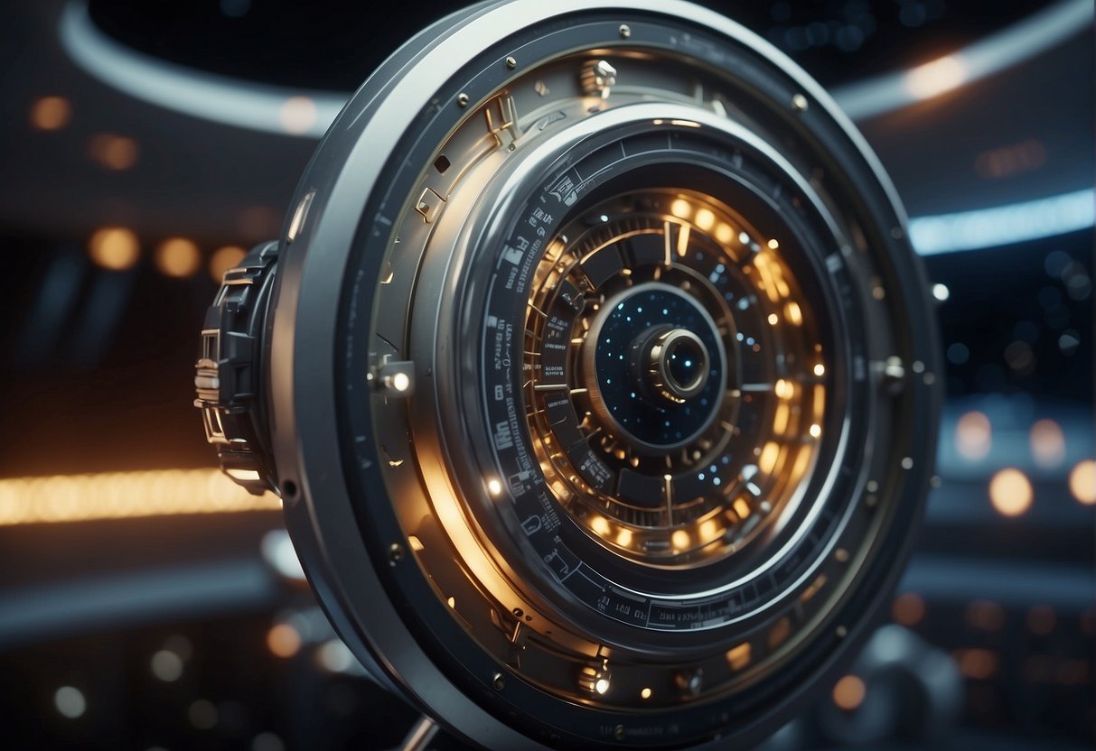 A complex gyroscope system rotates steadily in a spacecraft, navigating through the vastness of space. Precise measurements and data collection are critical for the success of the mission