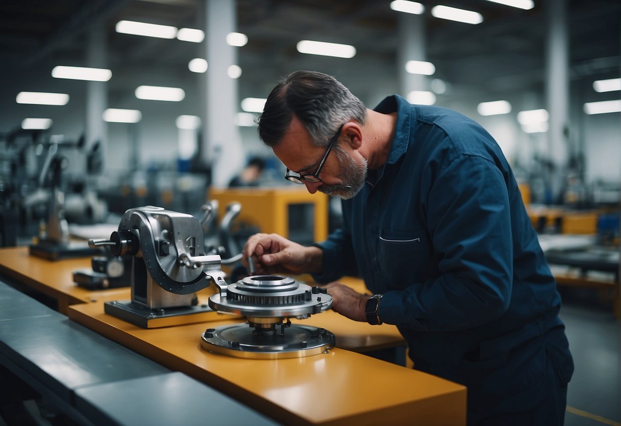 A gyroscope supplier carefully assembling precision parts for space navigation. Machinery and tools scattered around the workshop