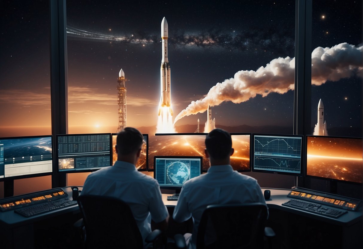 Multiple rockets and satellites launching into space from a high-tech facility, with engineers monitoring the process from a control center