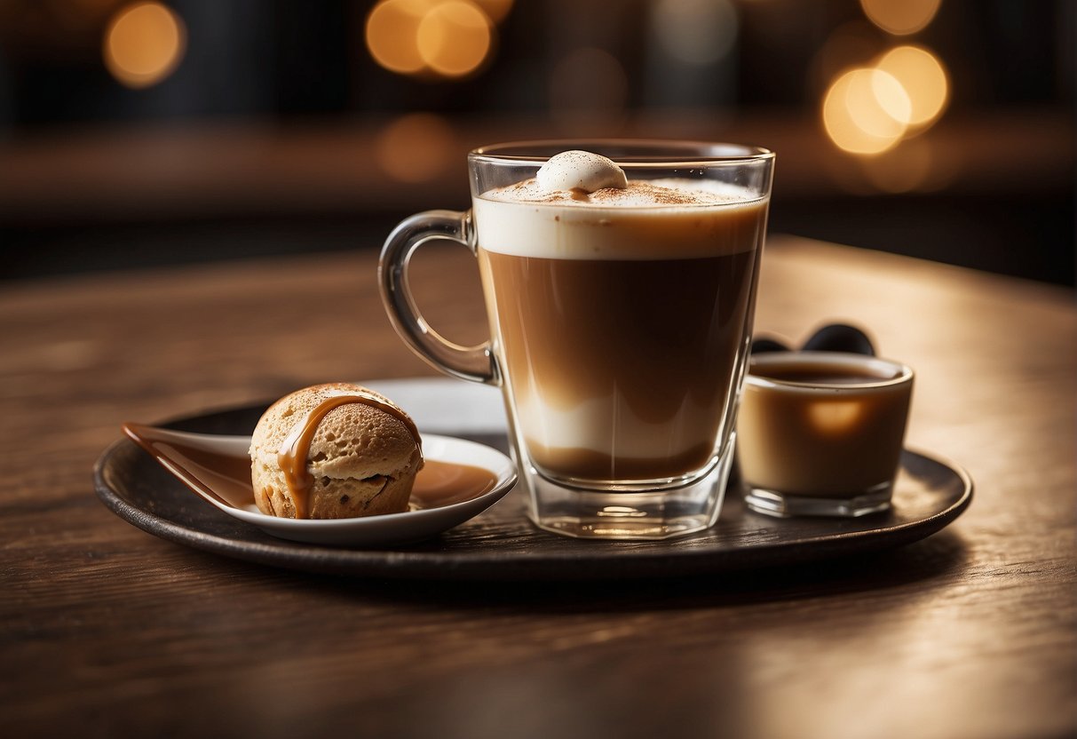 A clear glass holds an affogato shot next to a small cup with an espresso shot, both sitting on a wooden table