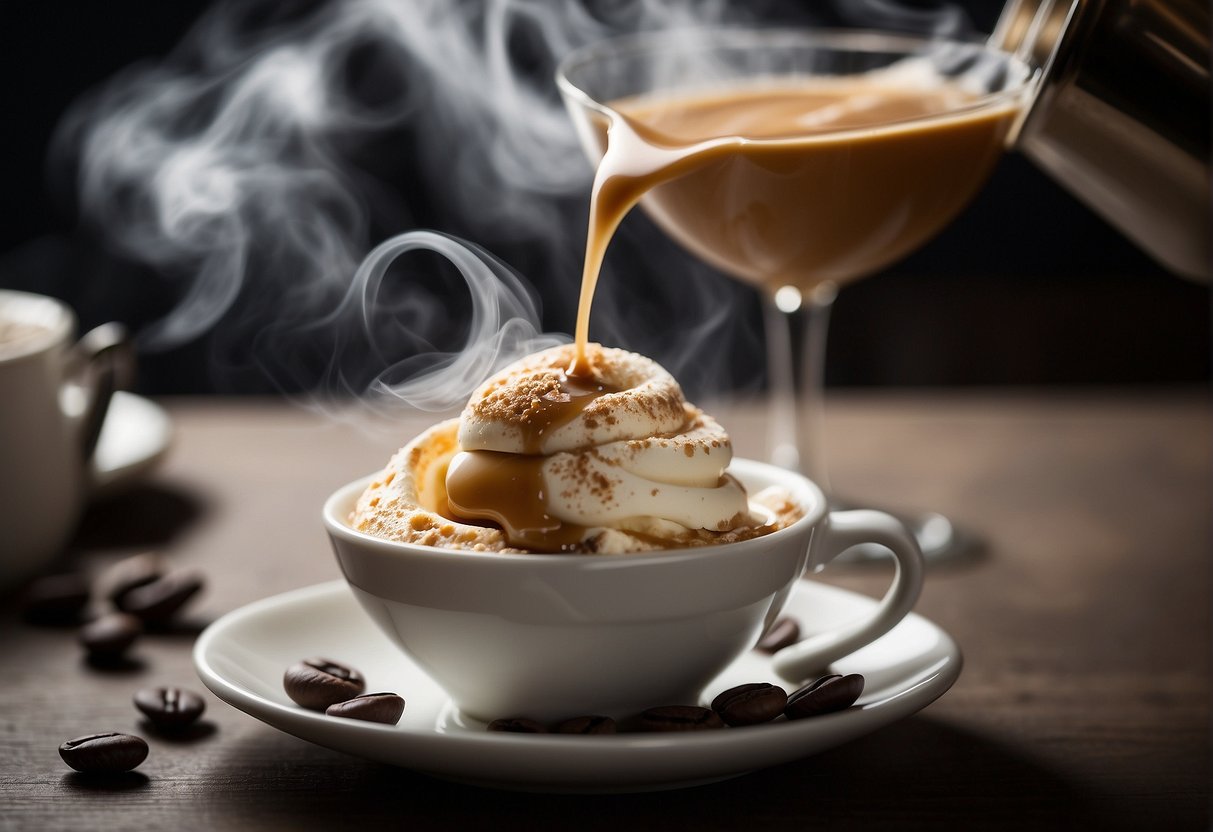 A steaming shot of espresso pours over a scoop of gelato in a glass, creating a swirl of creamy and rich flavors