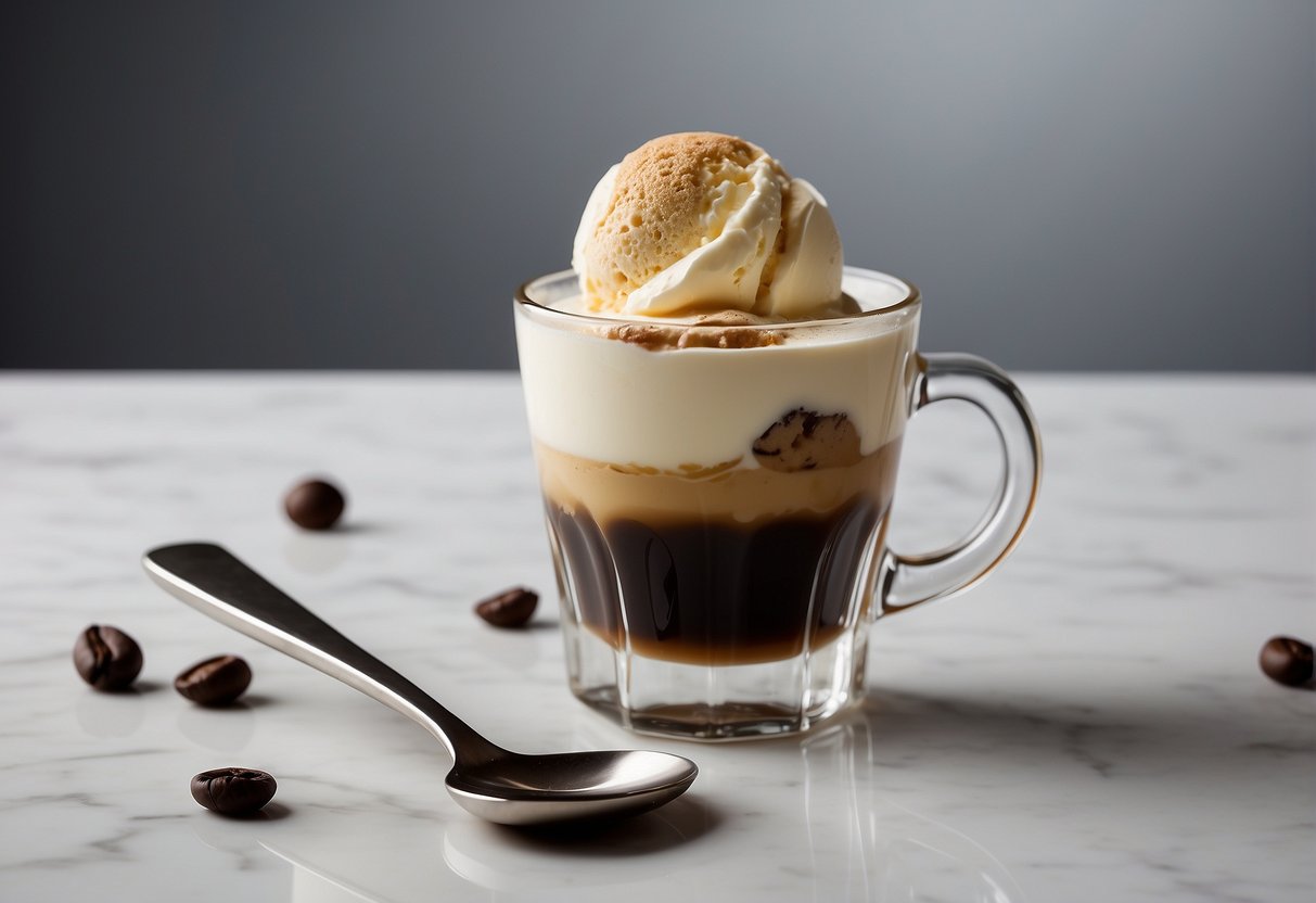 A clear glass holds a shot of affogato with a scoop of vanilla ice cream submerged in a pool of espresso. A separate shot glass contains a dark, rich espresso shot. Both are set on a clean, white surface