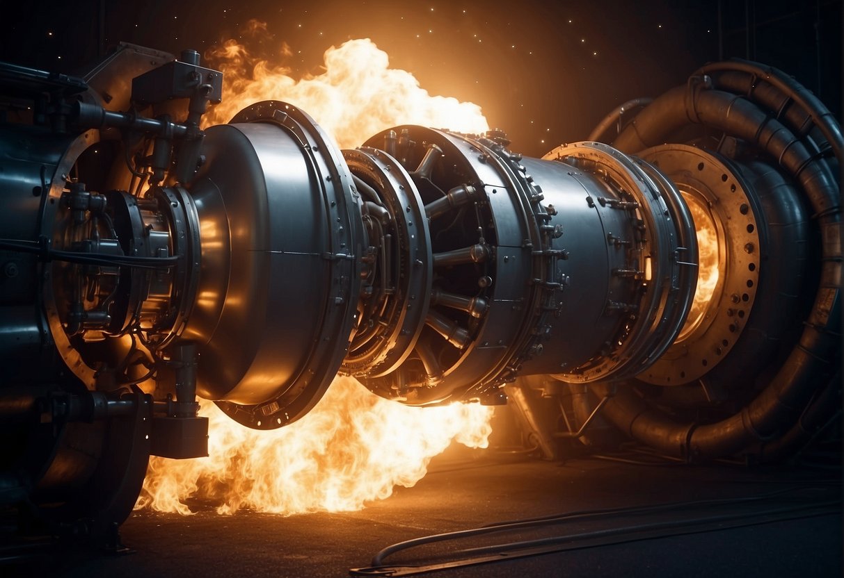 Hydrogen and Methane for Space Travel - A rocket engine ignites, emitting a bright, hot flame. A large tank of hydrogen and methane sits nearby, connected to the engine by thick, sturdy hoses. The scene is set against a backdrop of stars and planets