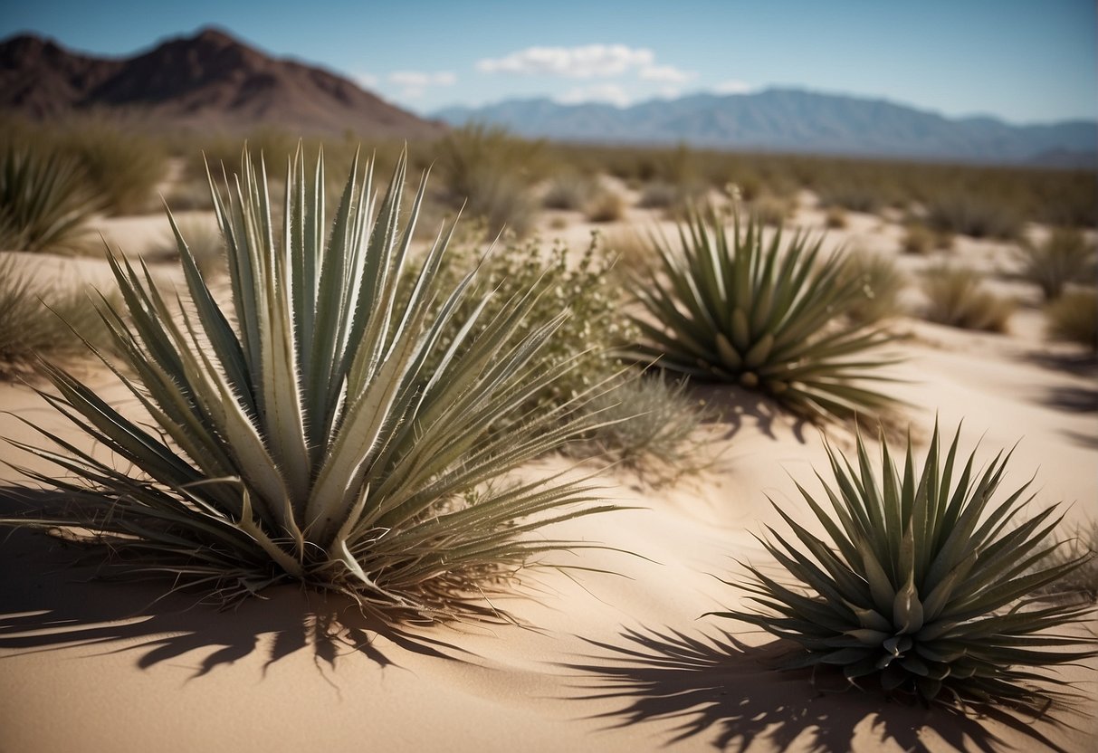 A desert landscape with multiple yucca plants of varying heights and shapes scattered across the sandy terrain