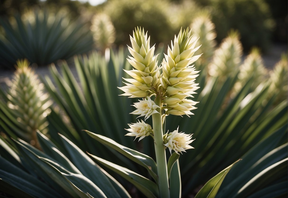 A variety of yucca species in different sizes and shapes, with long, sword-like leaves and tall, branching flower spikes