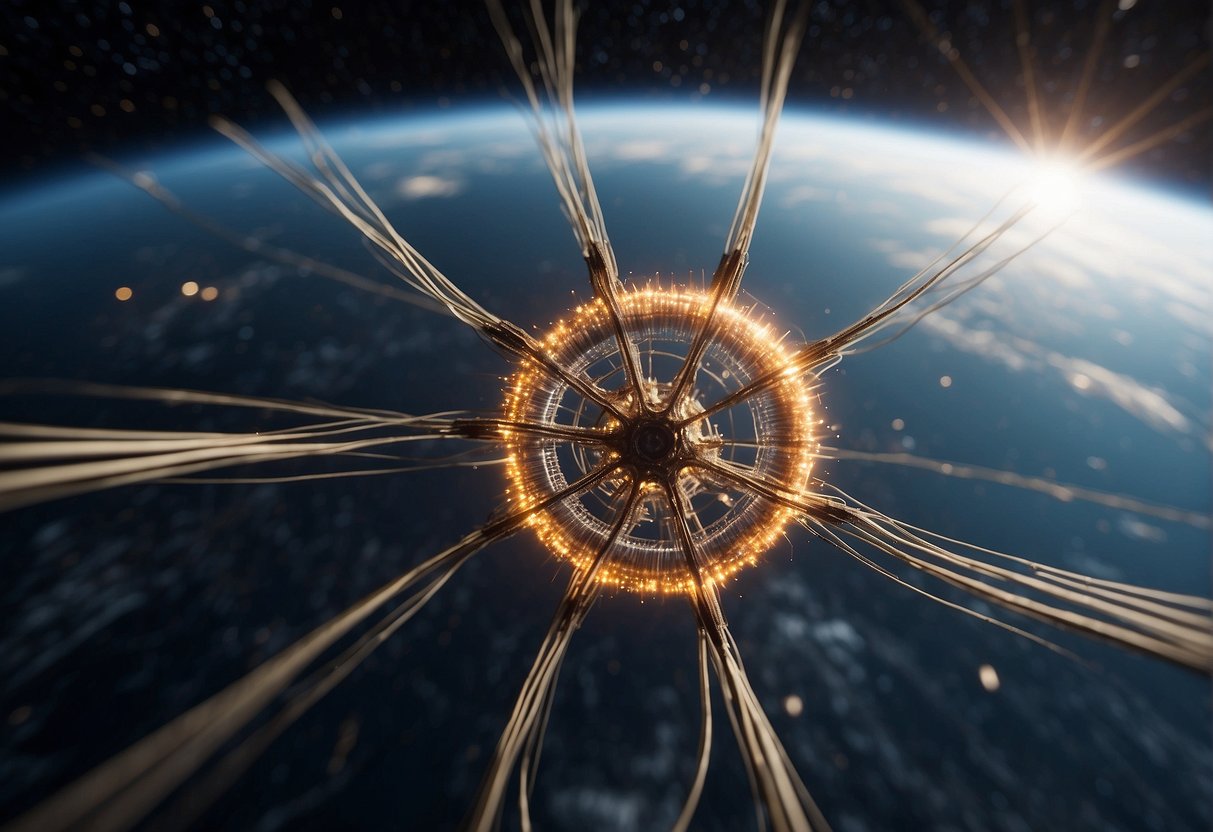 The Invisible Network - A network of fiber optic cables stretches across the vast expanse of space, connecting satellites and space stations in a complex web of communication