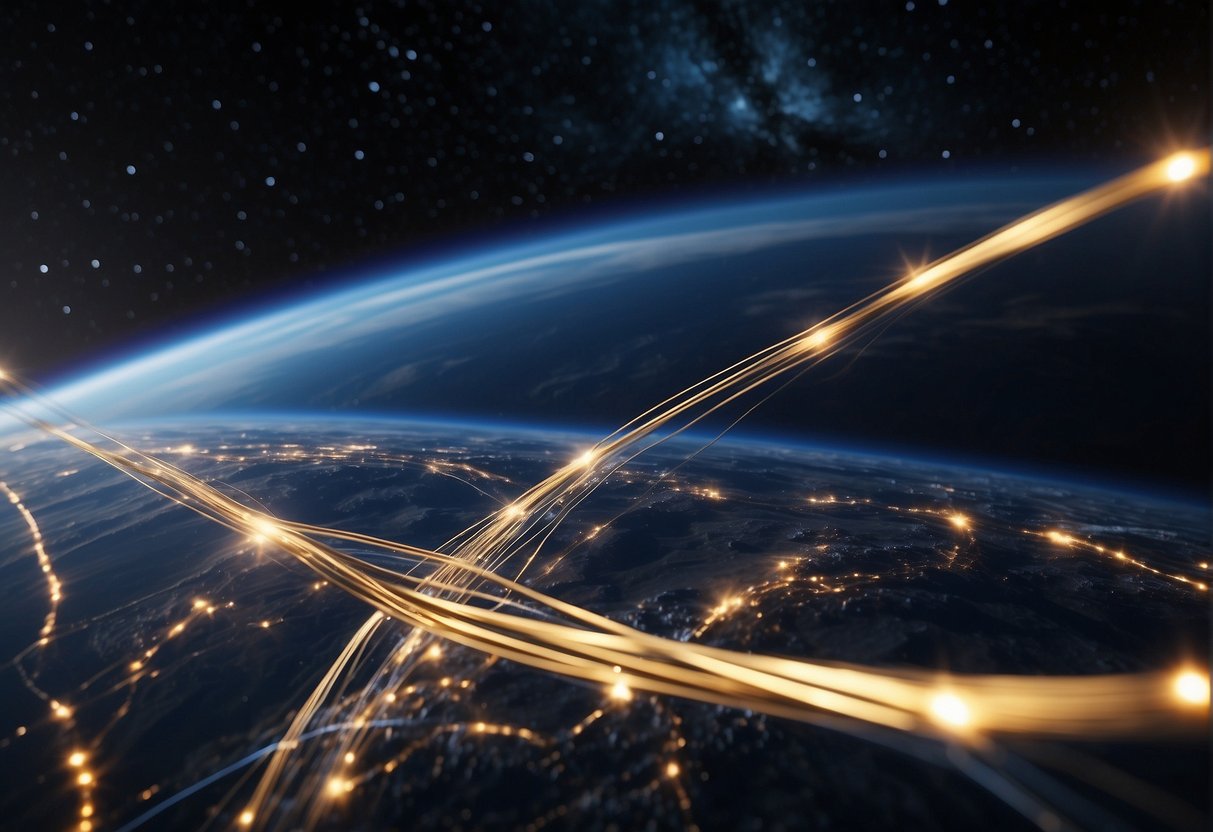 A network of fiber optic cables extends through the vastness of space, connecting satellites and spacecraft for deep space exploration