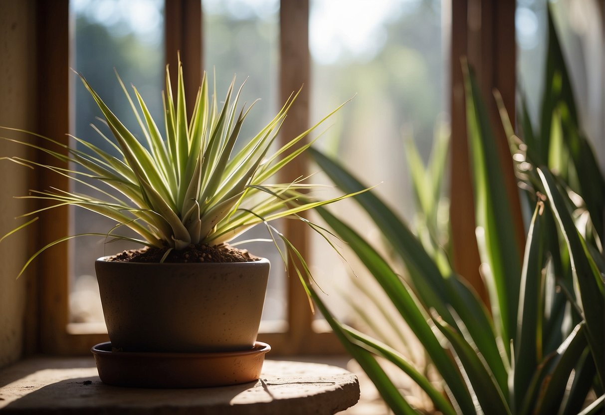 Bright sunlight filters through a window onto a yucca plant in a well-draining pot. The soil is slightly dry, and a small puddle of water sits nearby, indicating recent watering