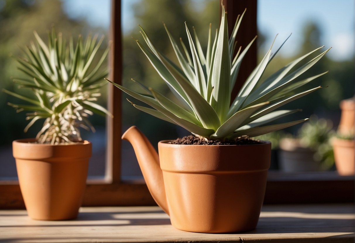 A yucca plant sits in a terracotta pot on a sunny windowsill. A watering can is nearby, indicating the need for regular watering