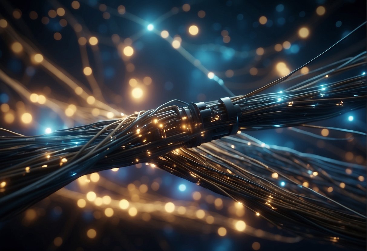 A network of fiber optic cables floats through outer space, connecting satellites and communication devices. The cables glow with a faint, ethereal light against the backdrop of the cosmos