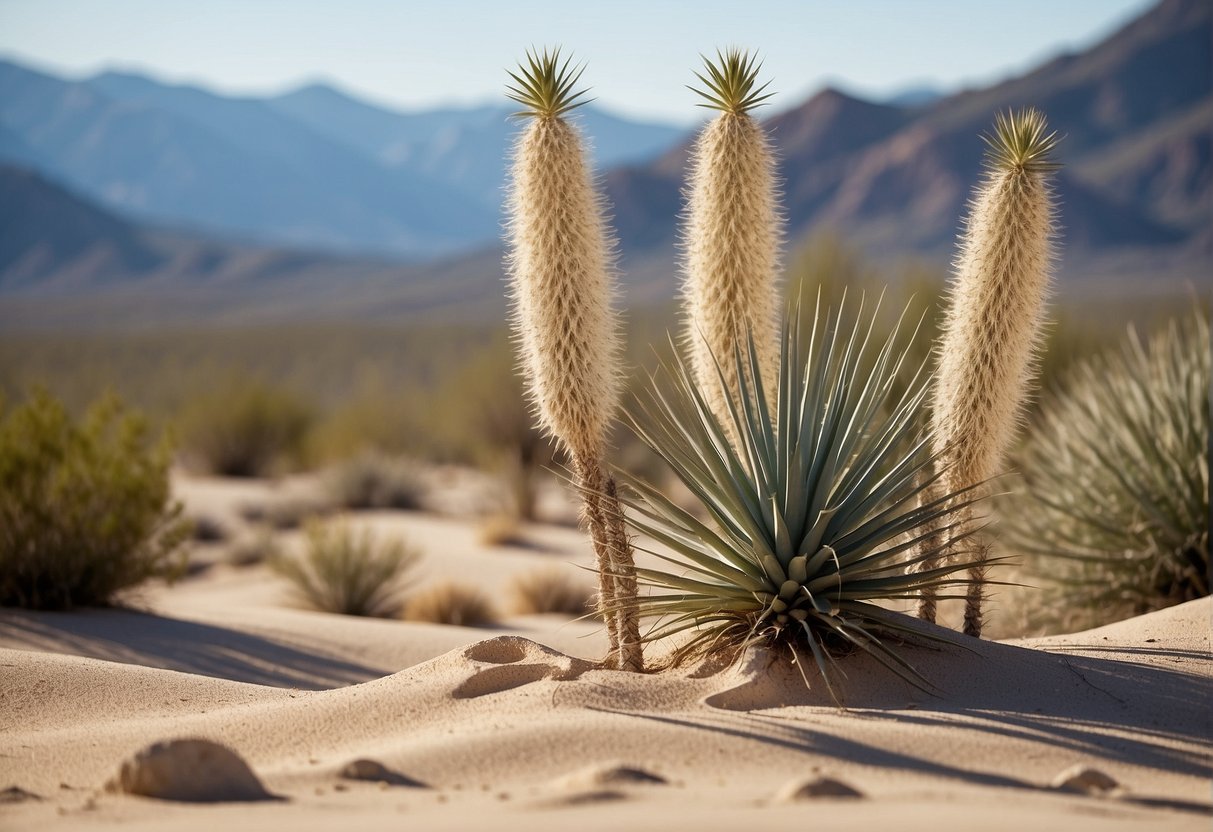A desert landscape with yucca plants scattered across sandy terrain under a clear blue sky