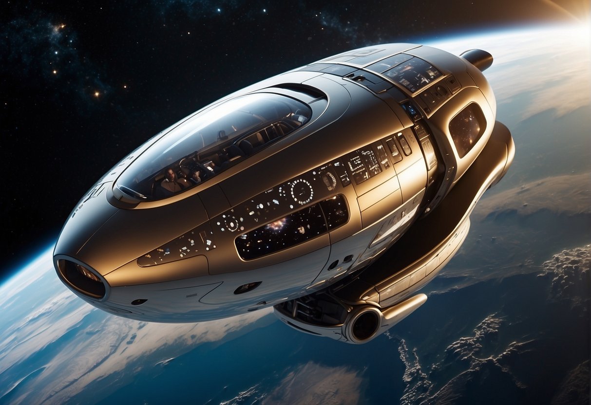 A sleek space tourism vehicle hovers above the Earth, with the planet's curvature and star-filled space as the backdrop. The vehicle is adorned with futuristic designs and logos of the suppliers behind the tourist experience