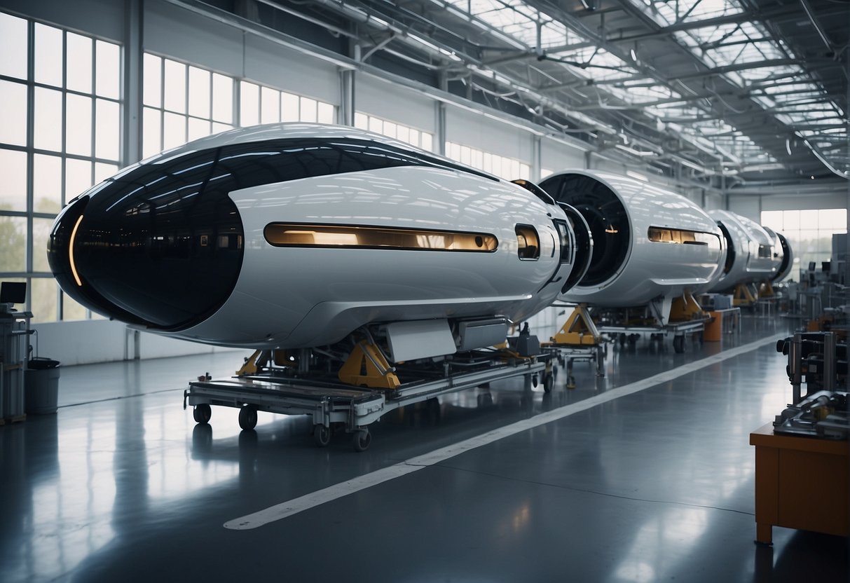 Space tourism vehicles being crafted by suppliers in a futuristic manufacturing facility. Advanced technology and sleek designs showcase the future of space travel